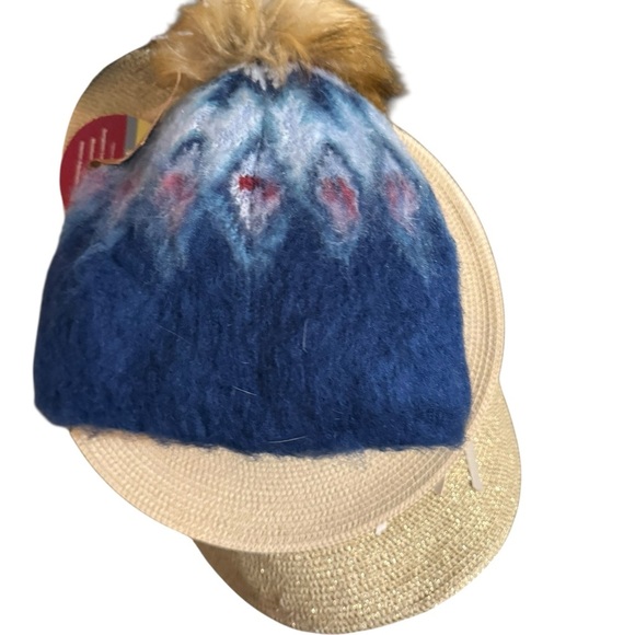 Prana Blue and White Knit Hat with Faux Fur Pom - Picture 3 of 8